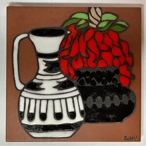 Southwest Native American Clay Tile 6"x6" ~ Vase & Chili Peppers ~ Made in Italy